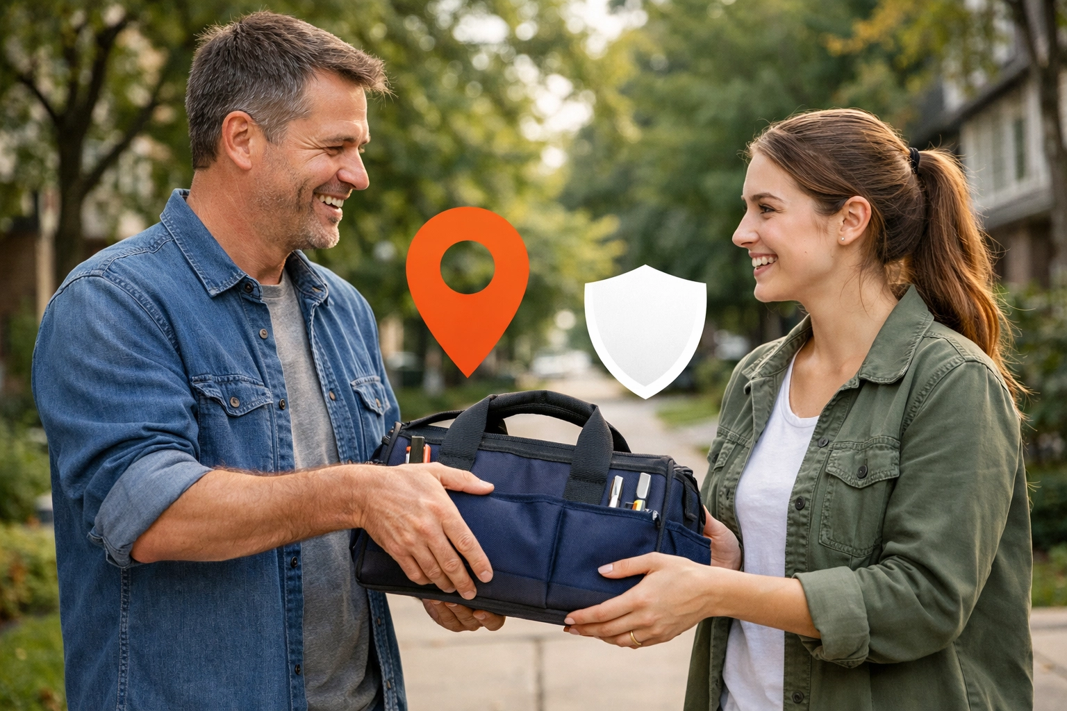 Neighbors smiling and sharing tools on a suburban sidewalk, promoting local peer-to-peer rental.