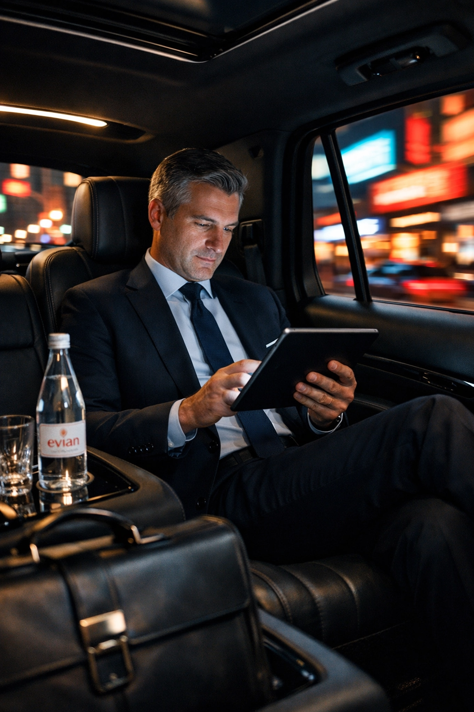 Professional working in a luxury chauffeur-driven SUV, highlighting executive travel comfort and logistics.
