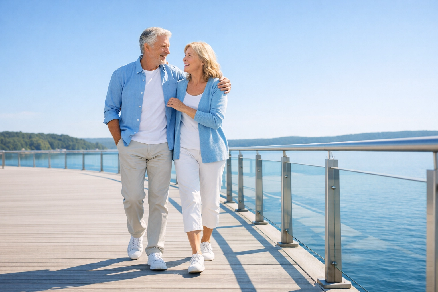 Retired couple walking by a lake, enjoying a stress-free life after Medicare planning.