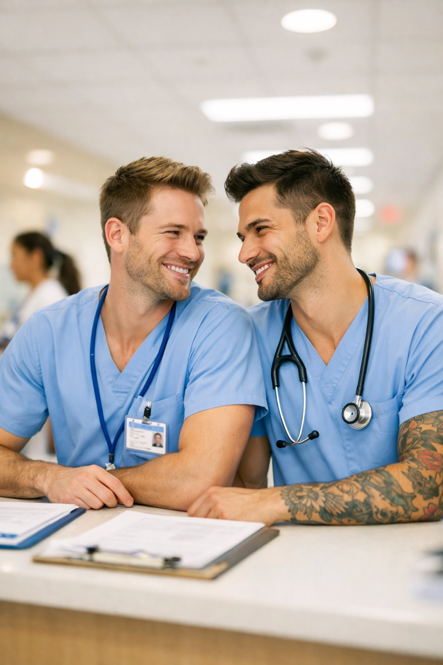 Two male nurses sharing a romantic, knowing look at a busy hospital station, highlighting workplace MM romance.