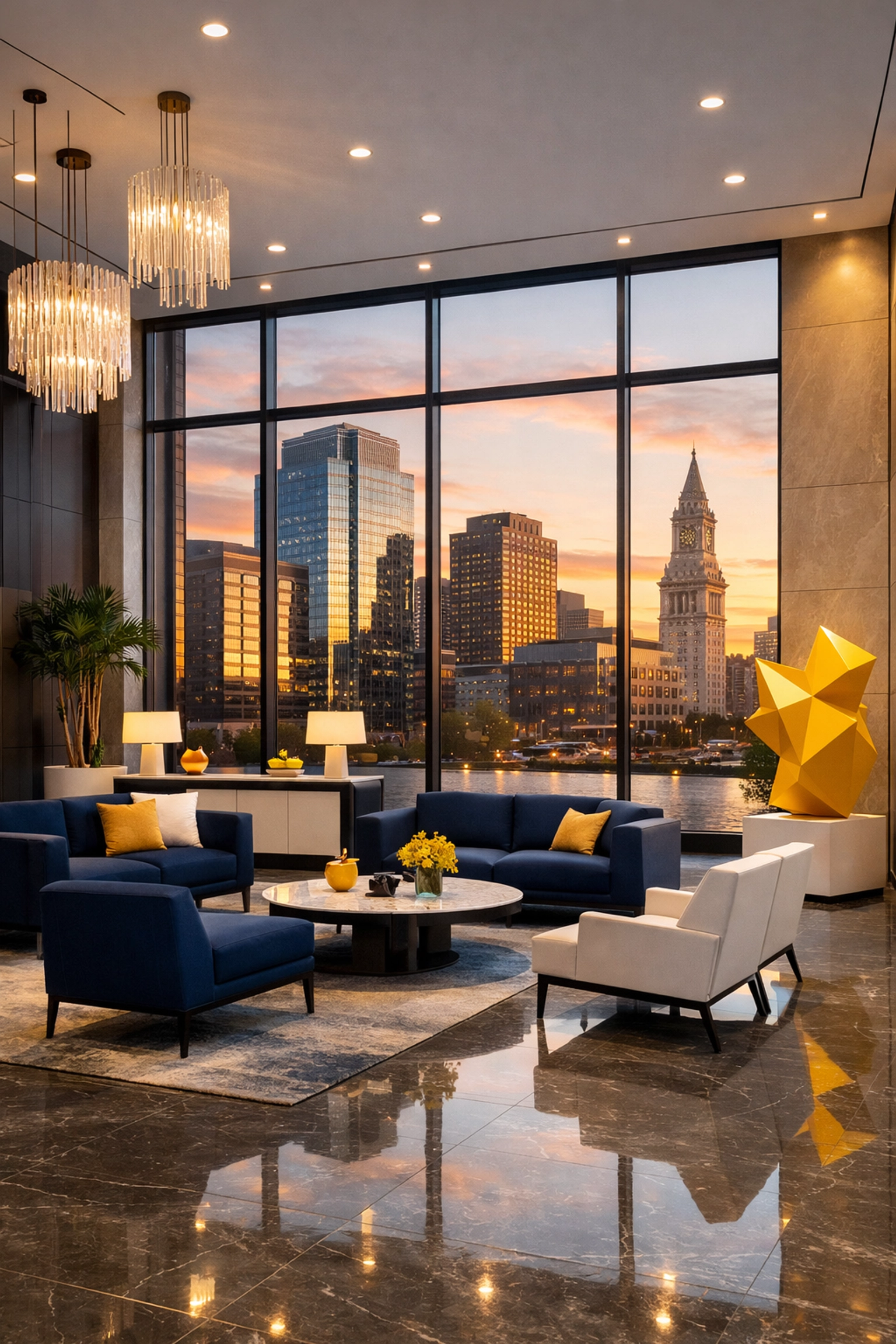 Spotless luxury corporate lobby in Quincy showing high-quality janitorial services and polished marble floors.