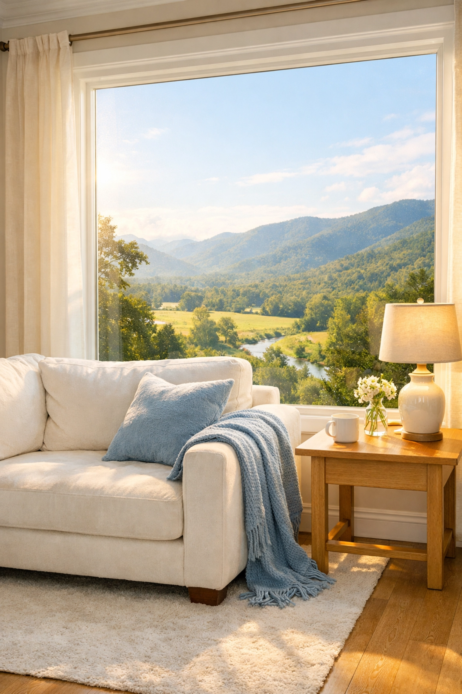 Bright and tidy Townsend living room representing the peace of mind of house cleaning Townsend MA.