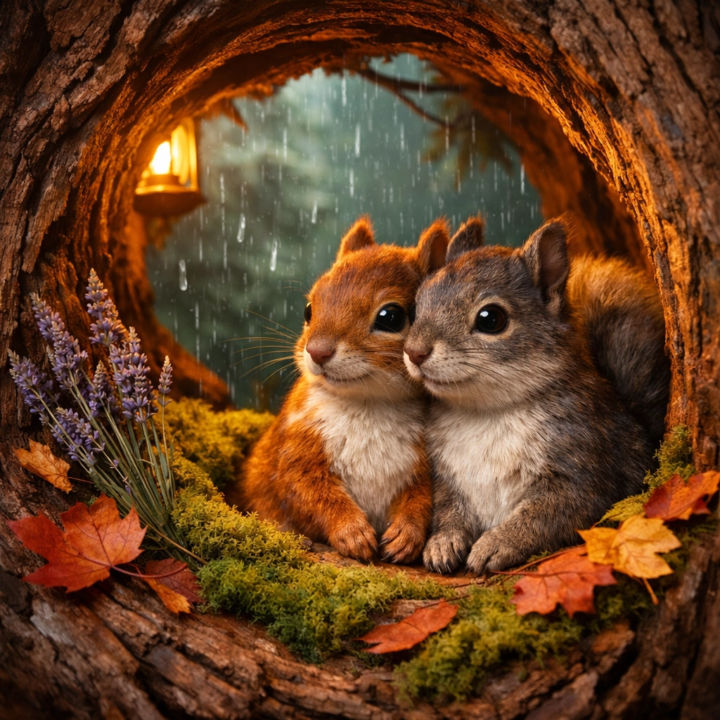 Two squirrels sharing a cozy tree nest, illustrating the forced proximity trope found in gay romance novels.