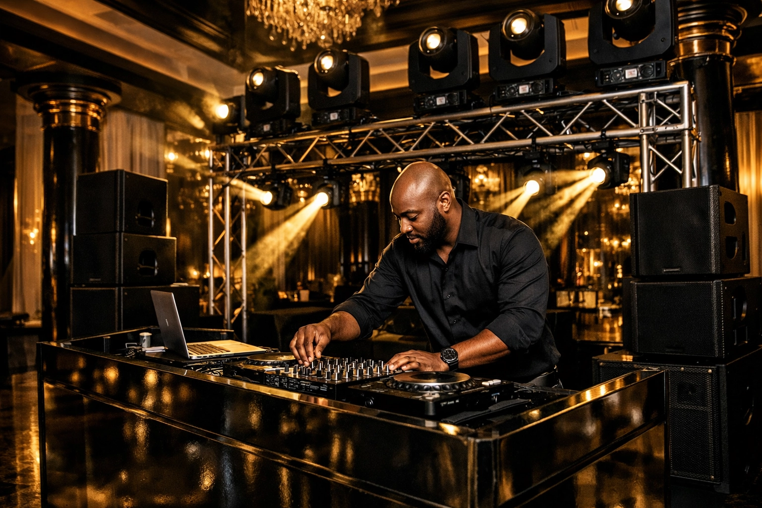 Luxury DJ services near me with a professional booth and premium event lighting in NJ or NC.