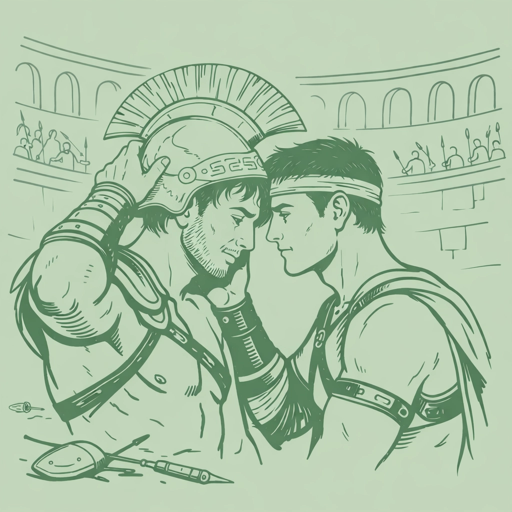 Gladiators sharing intimate moment in Roman arena - ancient MM romance with faith themes
