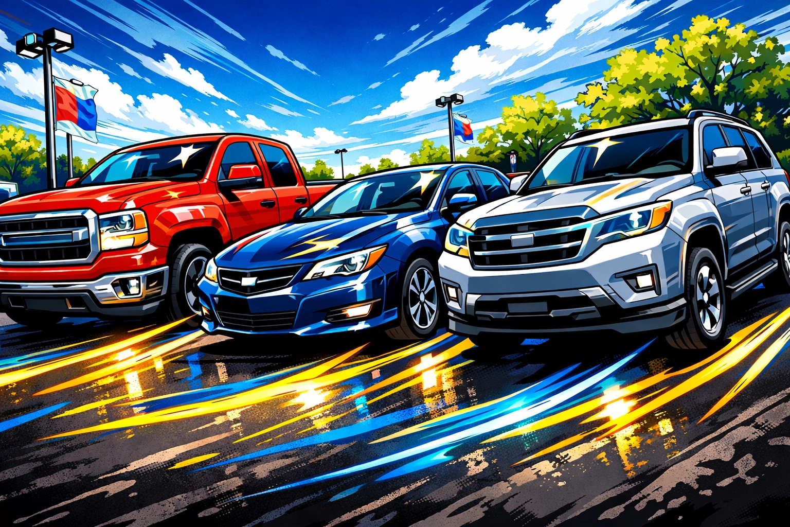 Used cars, trucks, and SUVs on a sunny dealership lot along Jeffco Blvd in Arnold, MO.