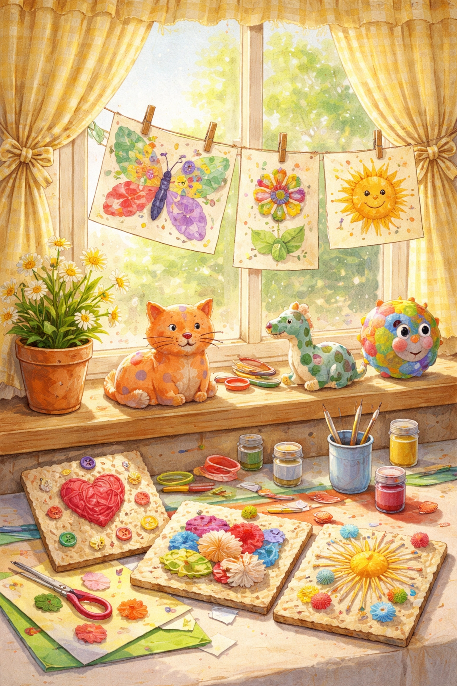 Children's finished flour and water glue art projects drying on a sunny windowsill with natural light.