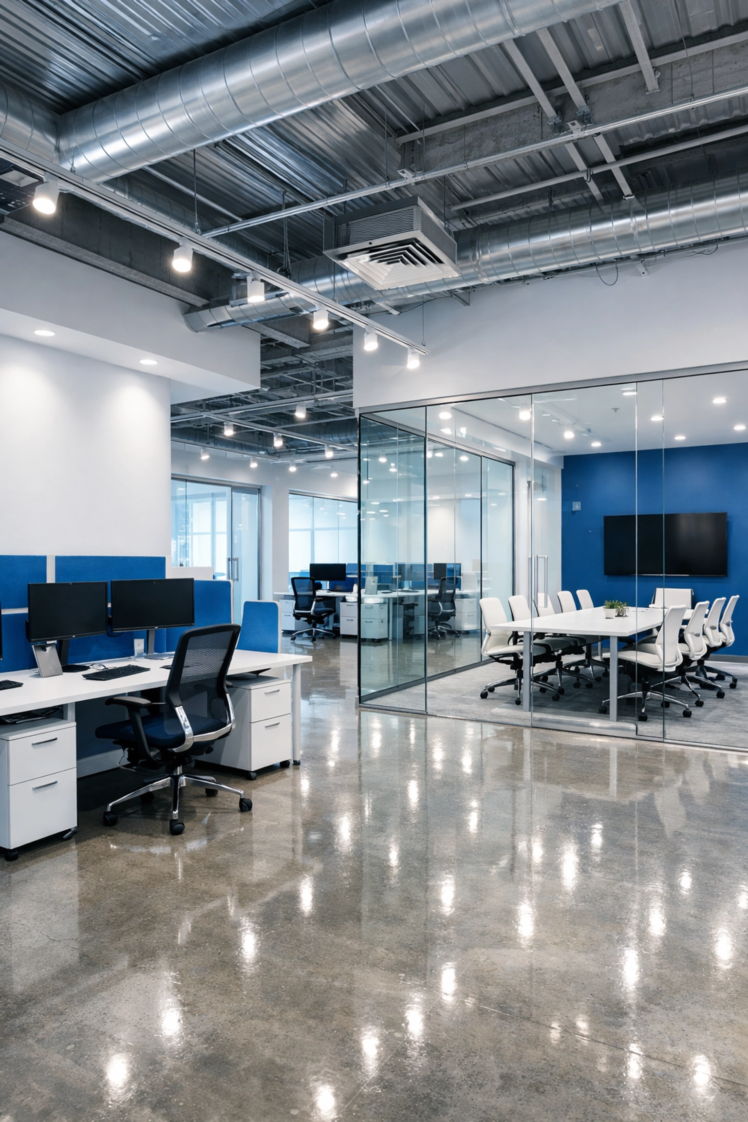 Dust-free renovated office space in Milford after expert post-construction commercial cleaning.