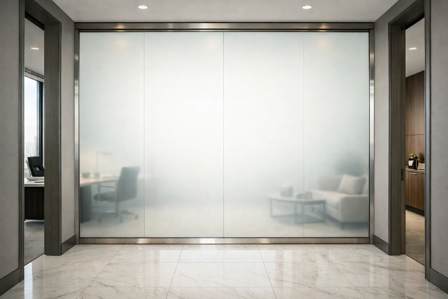 Restored frosted smart glass partition providing privacy in a luxury Los Angeles executive office.