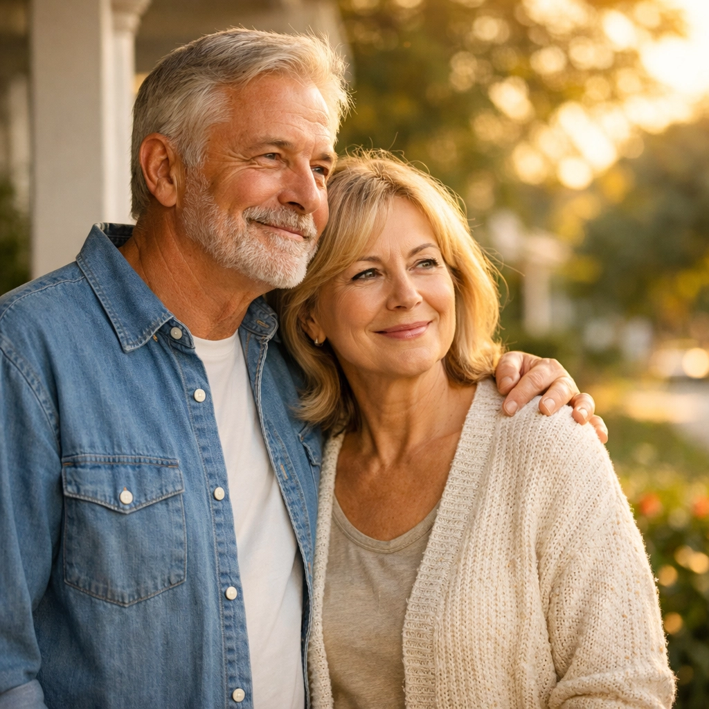 Retired couple on porch representing secure spousal continuation and guaranteed retirement income.