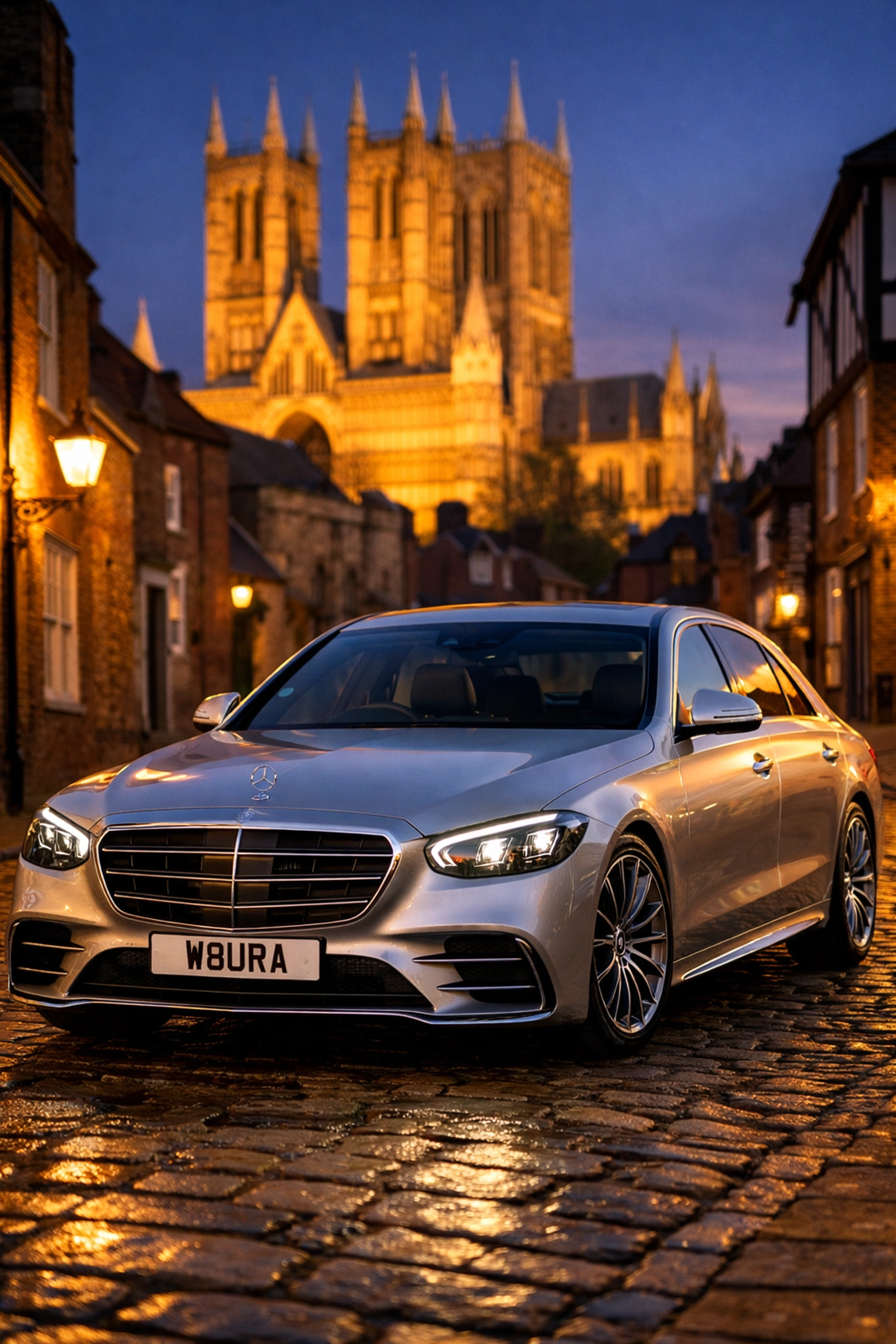 Luxury silver Mercedes-Benz S-Class parked near Lincoln Cathedral for professional airport transfers.