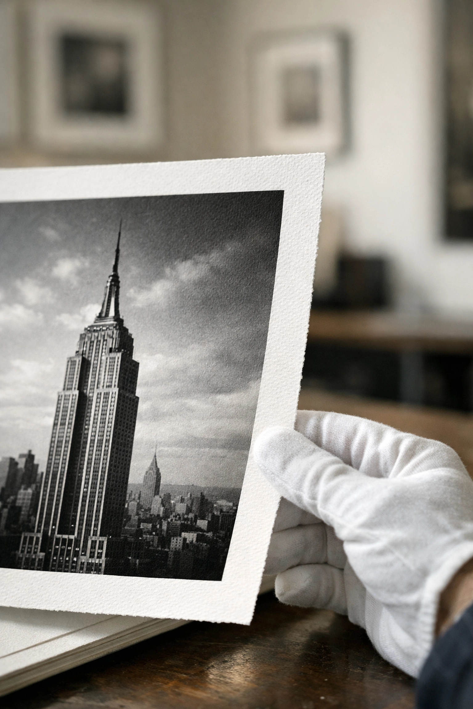 Fine art photography print of New York City skyline being inspected with archival gloves in a Chelsea art gallery.