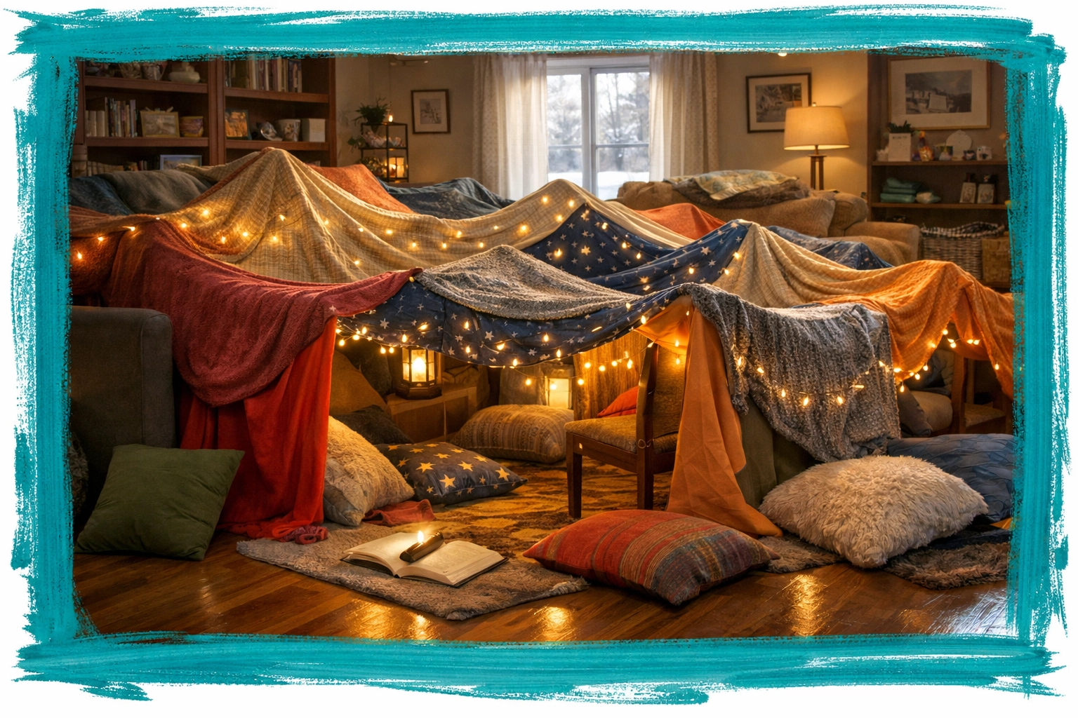 Cozy living room with elaborate blanket forts made from cushions and string lights for family fun