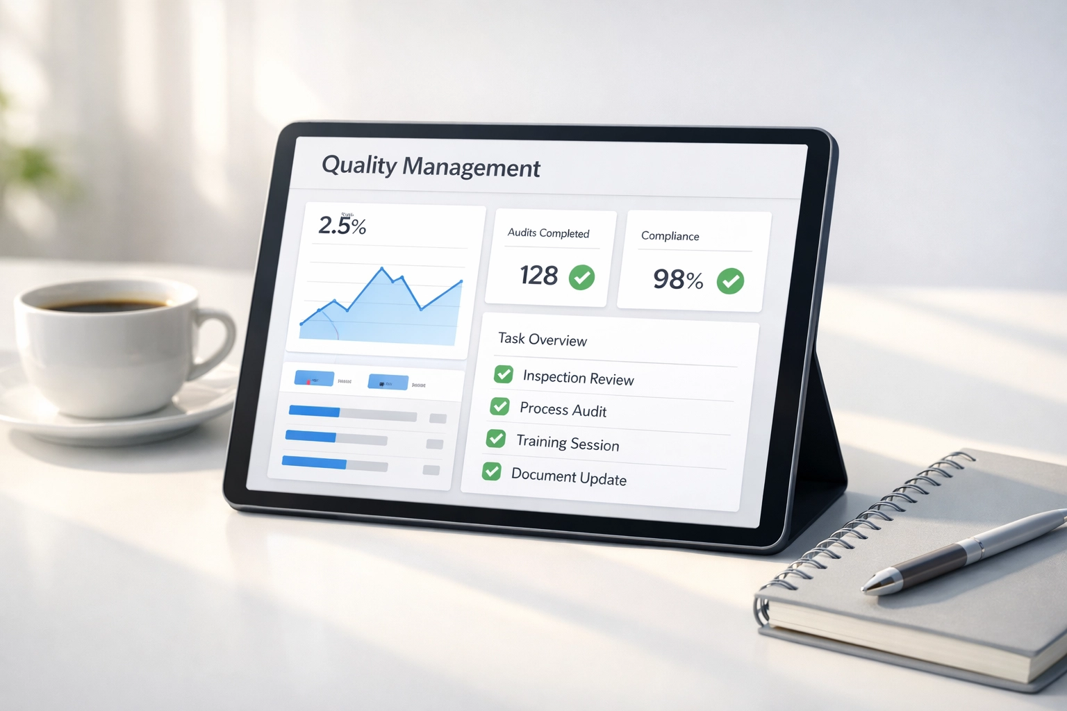 Digital quality management dashboard showing ISO 9001 process tracking and efficiency metrics