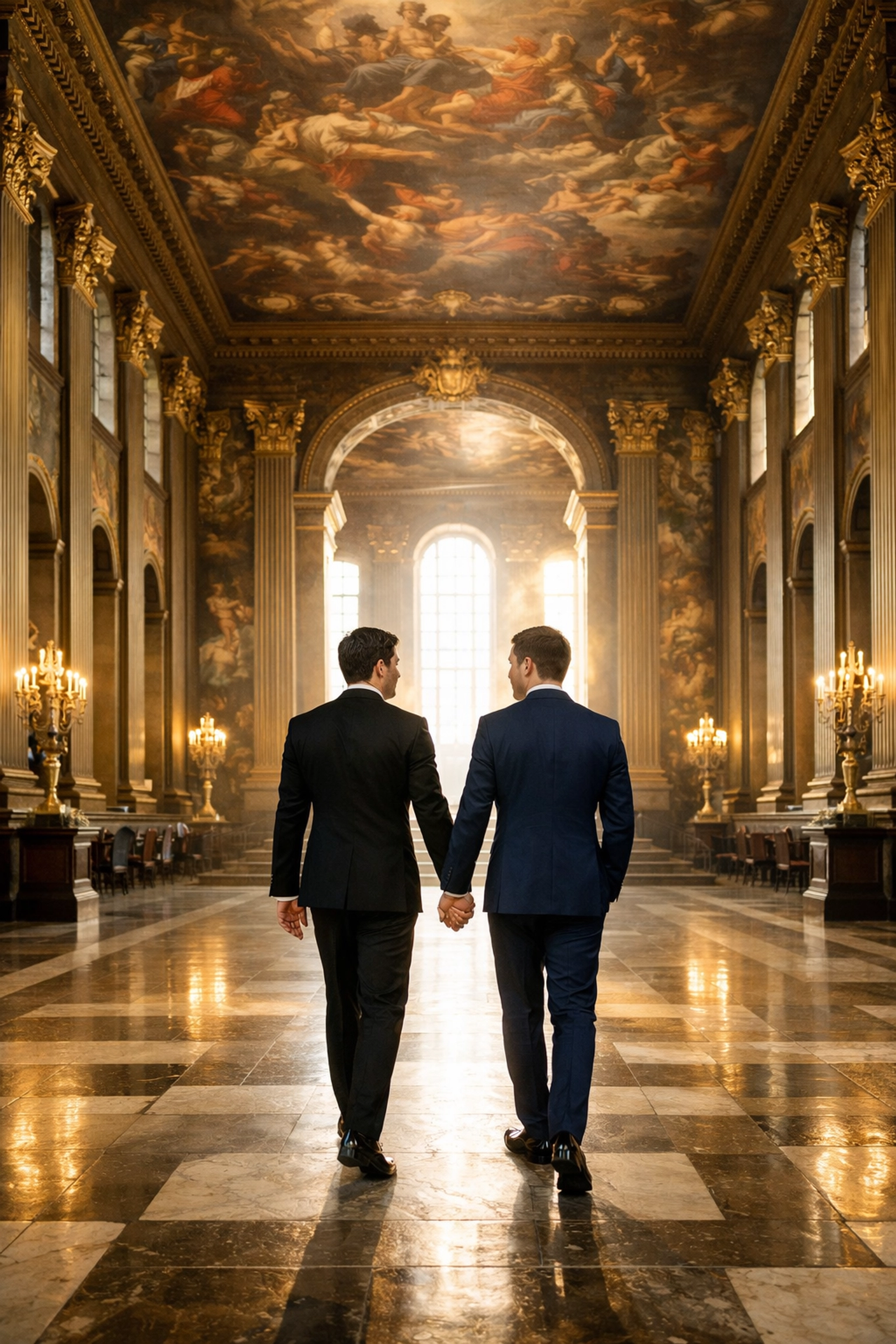 Gay couple walking hand-in-hand through Painted Hall at Old Royal Naval College London