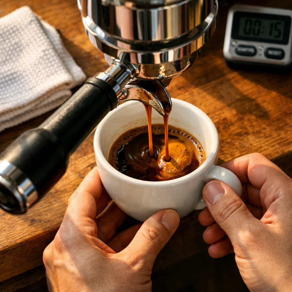 Barista pulling first espresso shot of the day during coffee shop opening routine