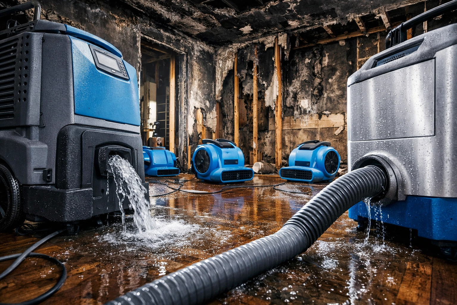 Industrial water extraction equipment removing water damage after house fire