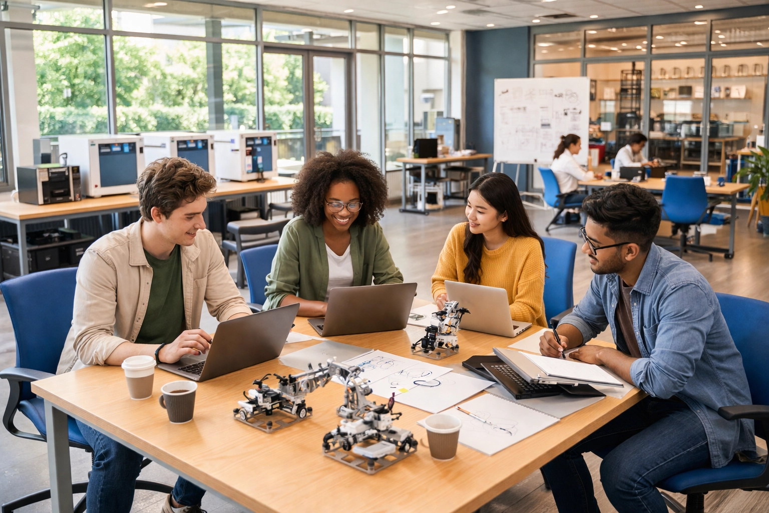 University students collaborating in a sunlit innovation hub, working on startup projects and prototypes together