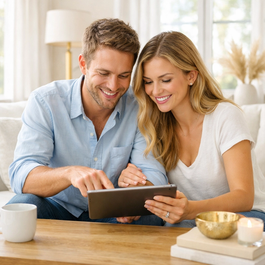 Engaged couple using a tablet to plan their debt-free wedding budget and vision together.