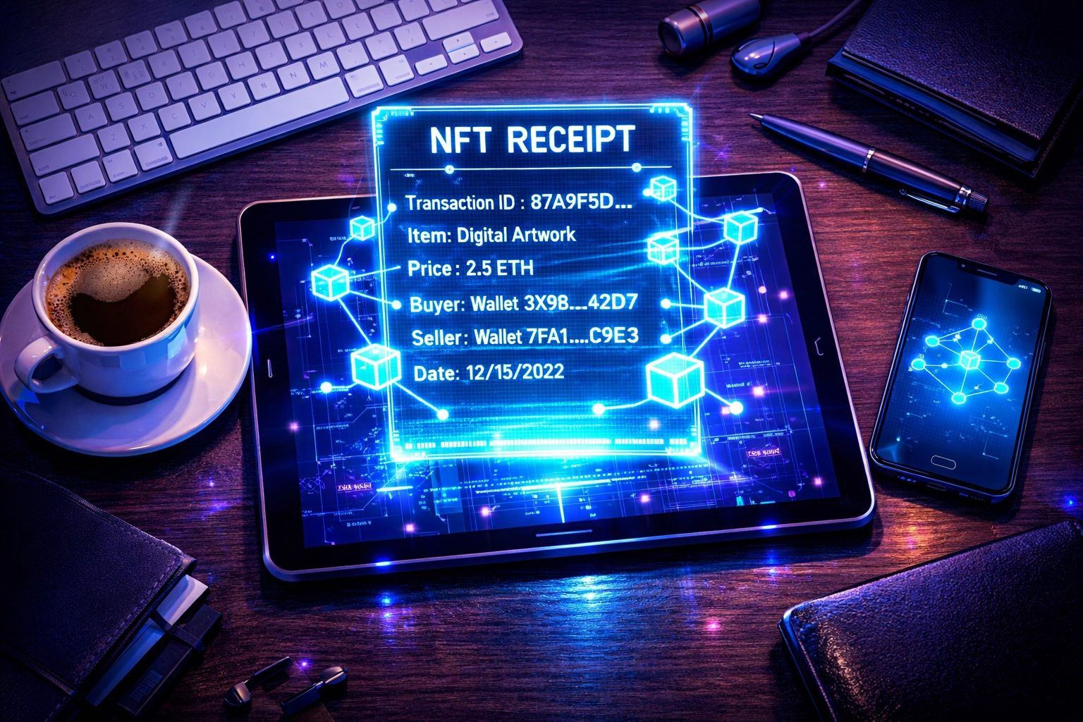 NFT receipt on tablet displaying blockchain transaction data for crypto merchant accounting and transparency