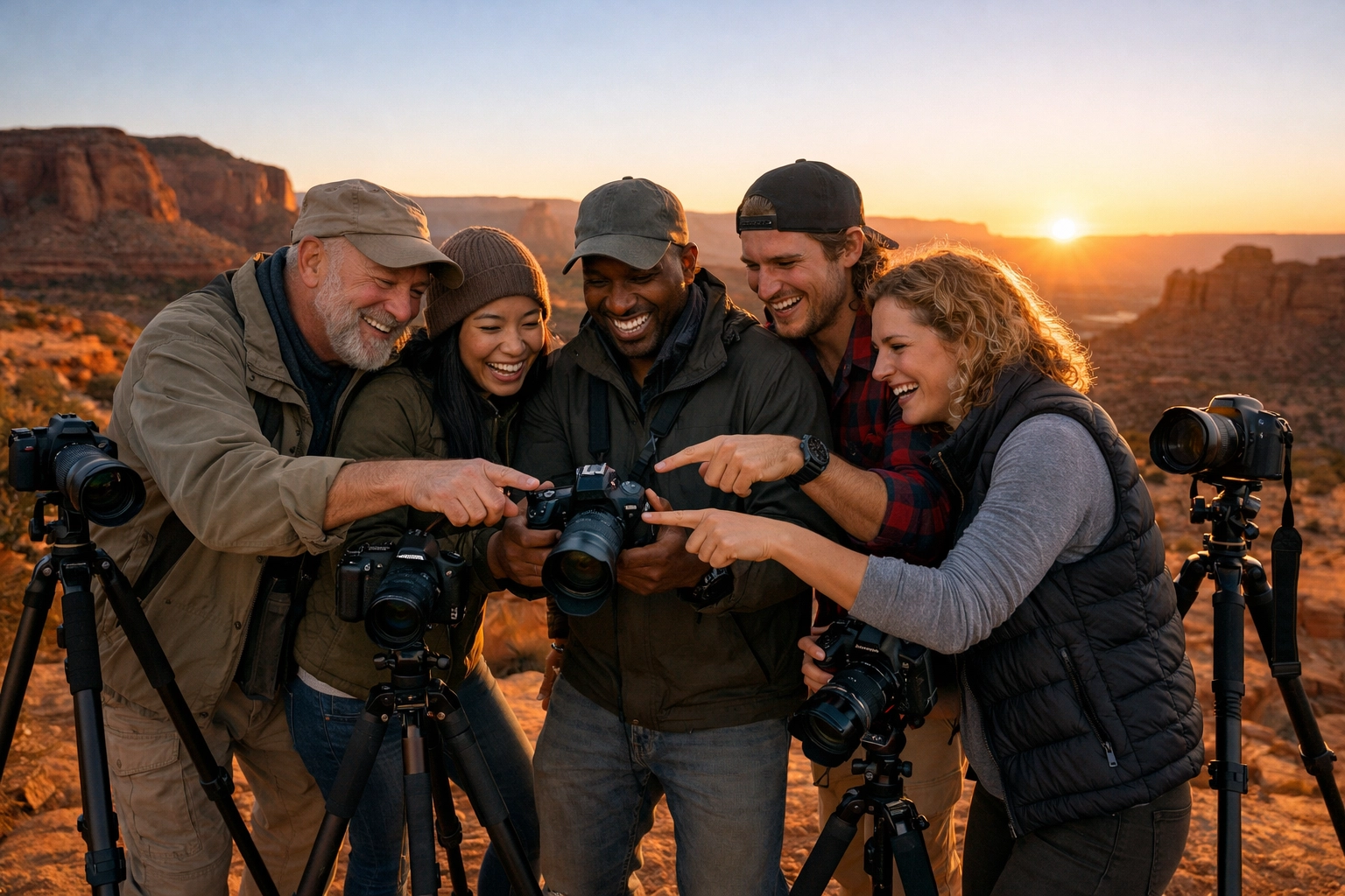 Photographers learning photography for beginners tips together on a scenic desert ridge at sunset.