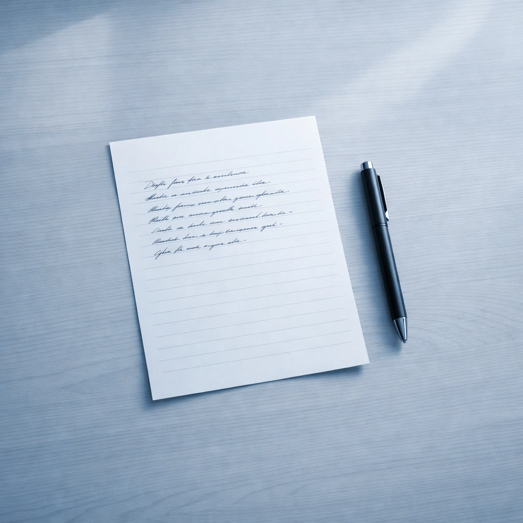 Handwritten buddy statement for VA claim on desk with pen ready to sign Handwritten buddy statement for VA claim on desk with pen ready to sign