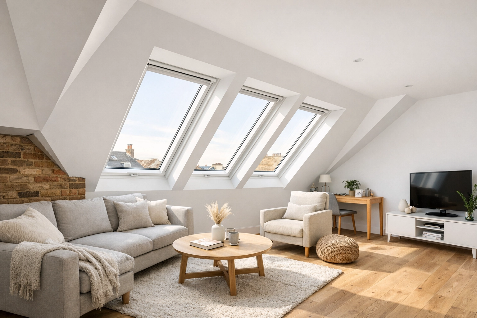 Modern London loft conversion with Velux windows and oak flooring illustrating space potential.