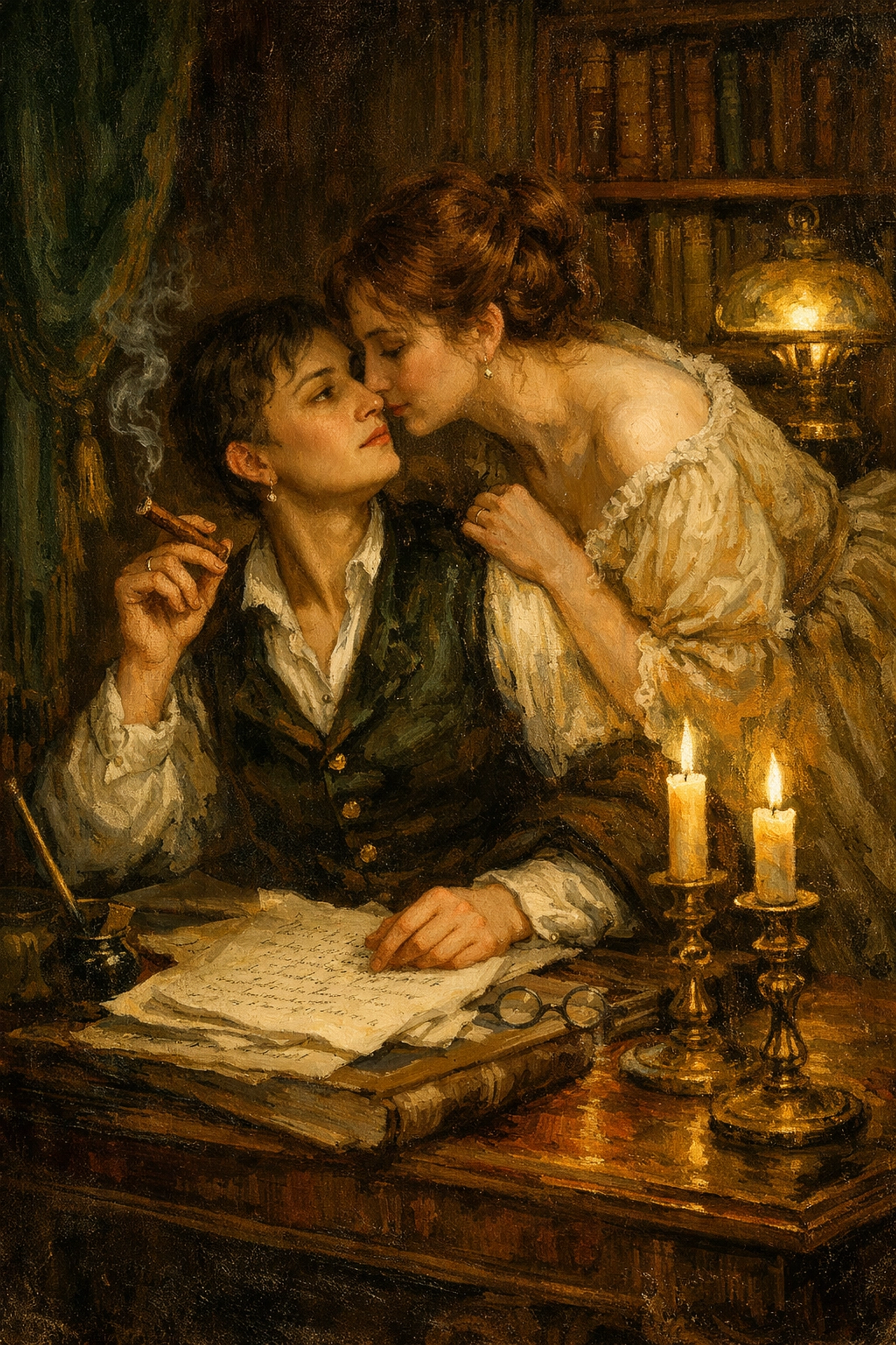 Two 19th-century women sharing an intimate moment in a study, evoking the queer history of Narcyza Żmichowska.