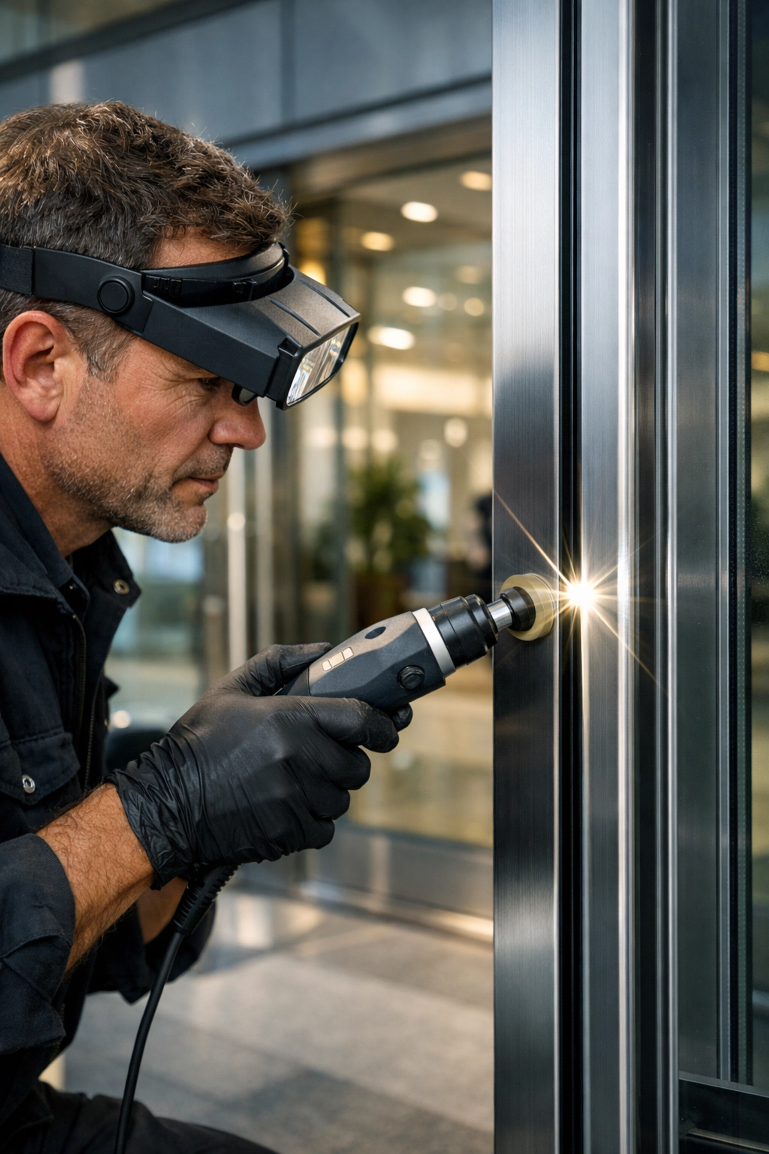 Metal restoration expert polishing a commercial aluminum entrance door for a professional finish.