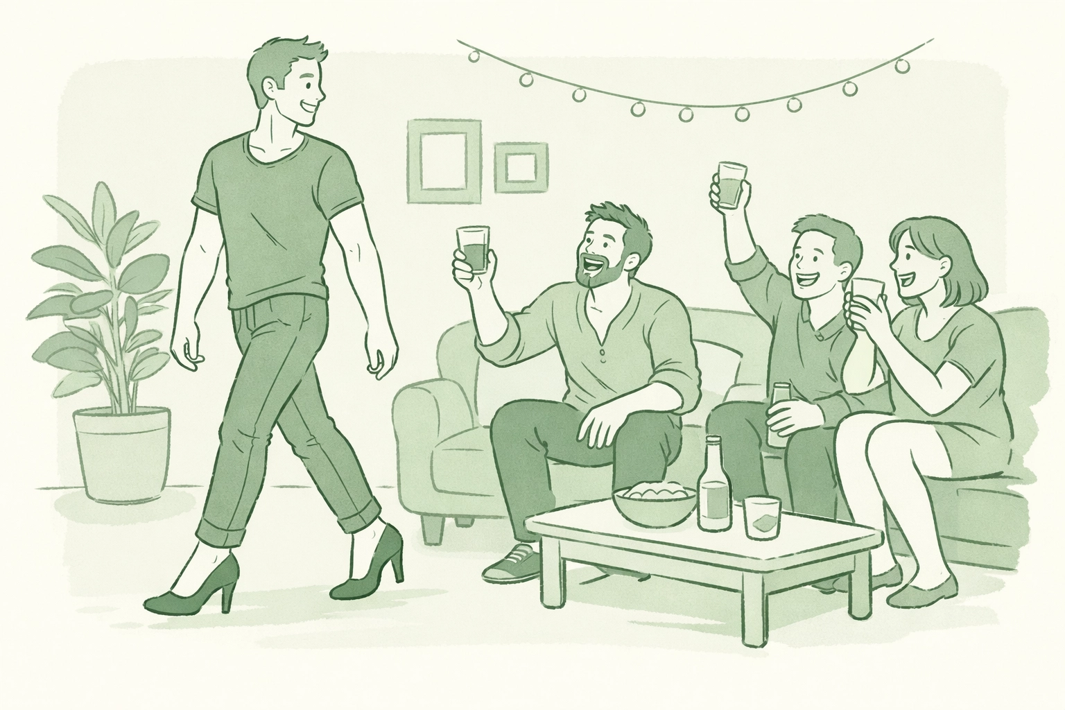 LGBTQ+ friends celebrating gay man walking in heels at supportive gathering