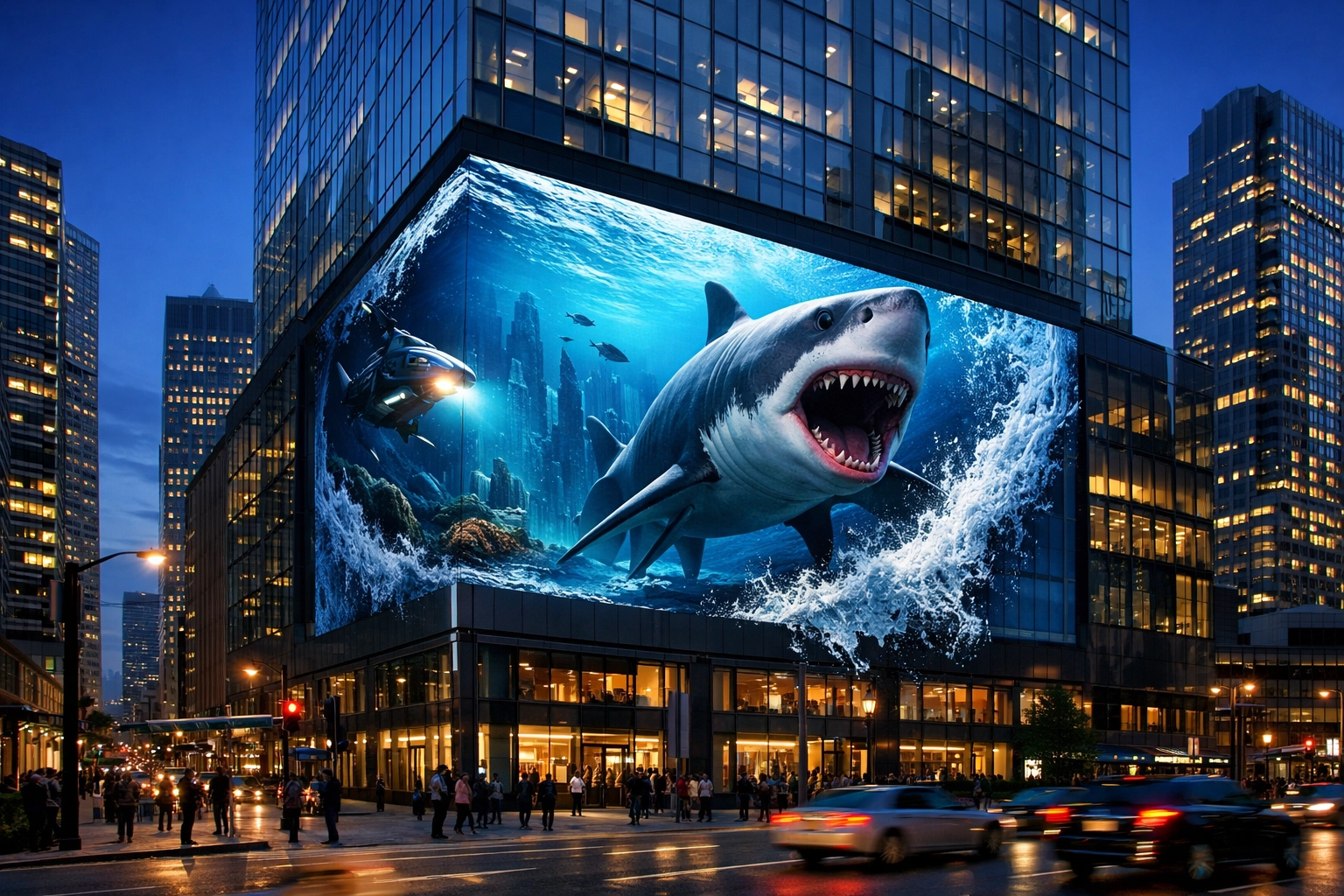 Large 3D digital signage display on a modern skyscraper showcasing advanced advertising technology for brand growth.