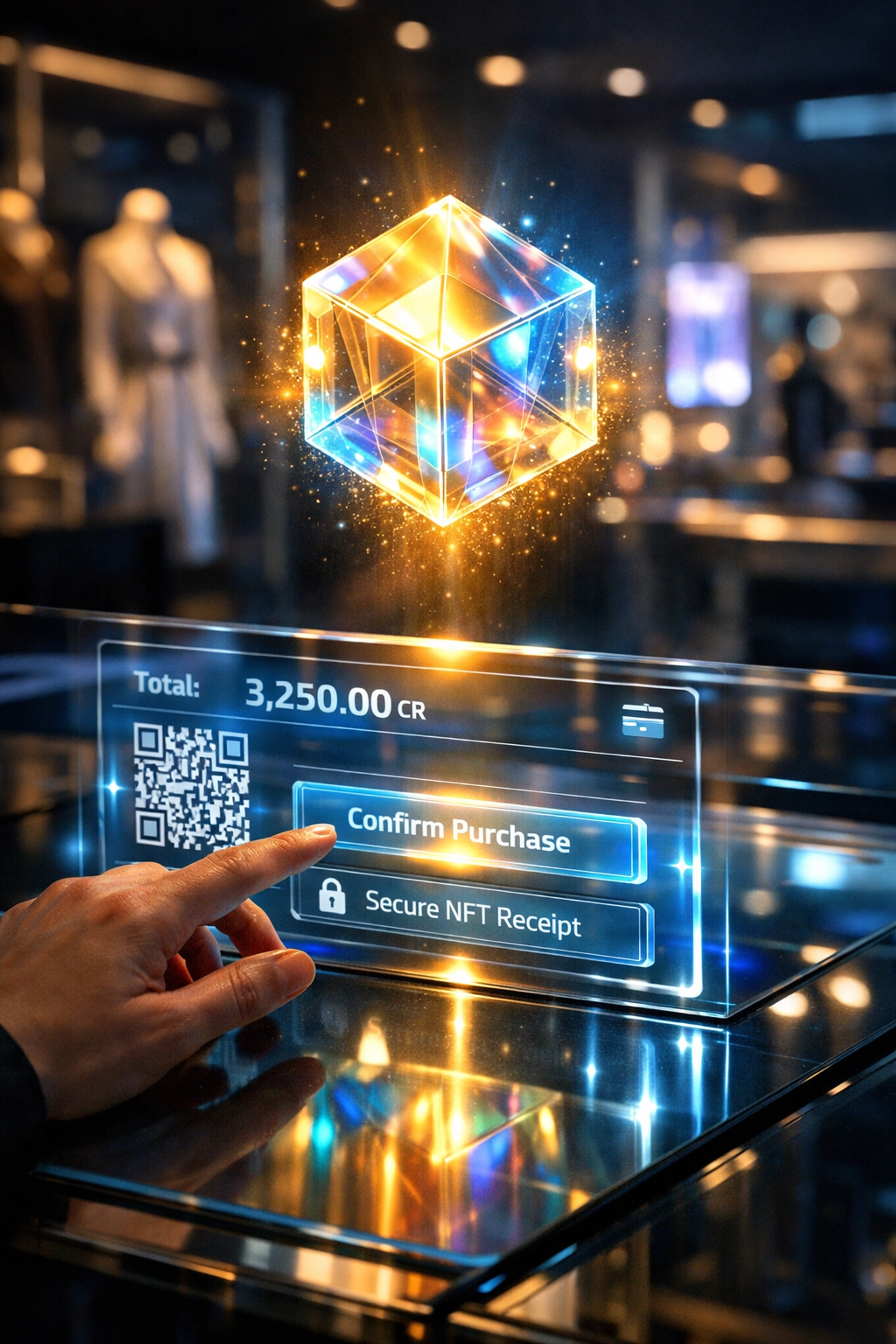 Digital NFT receipt floating above a futuristic payment terminal securing Larecoin merchant transactions.