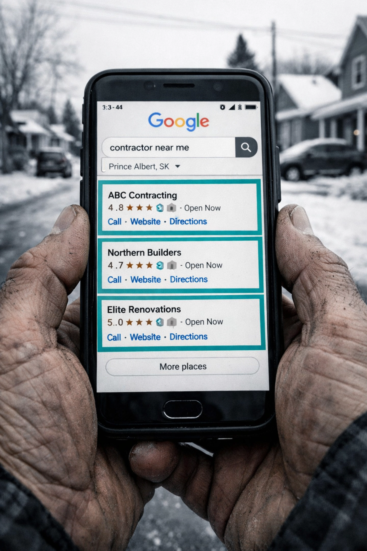 Google search results for contractor near me on smartphone in Prince Albert Saskatchewan