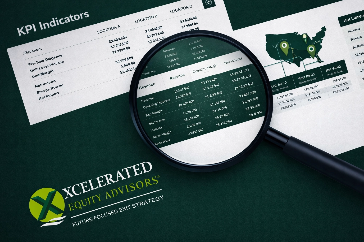 Magnifying glass over financial documents representing a forensic pre-sale audit and business diligence checklist.
