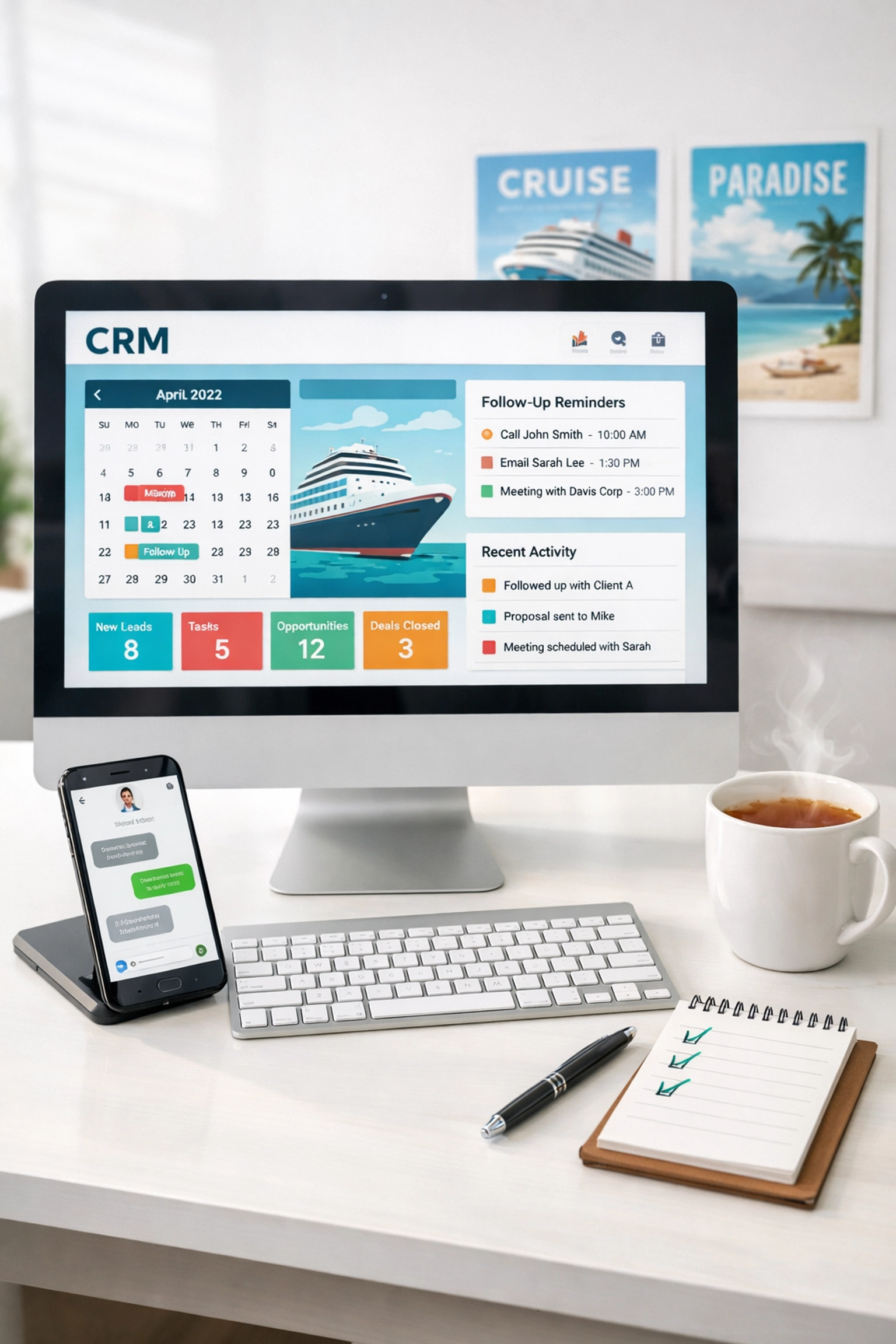 Travel agent CRM dashboard showing automated follow-up reminders and client scheduling system