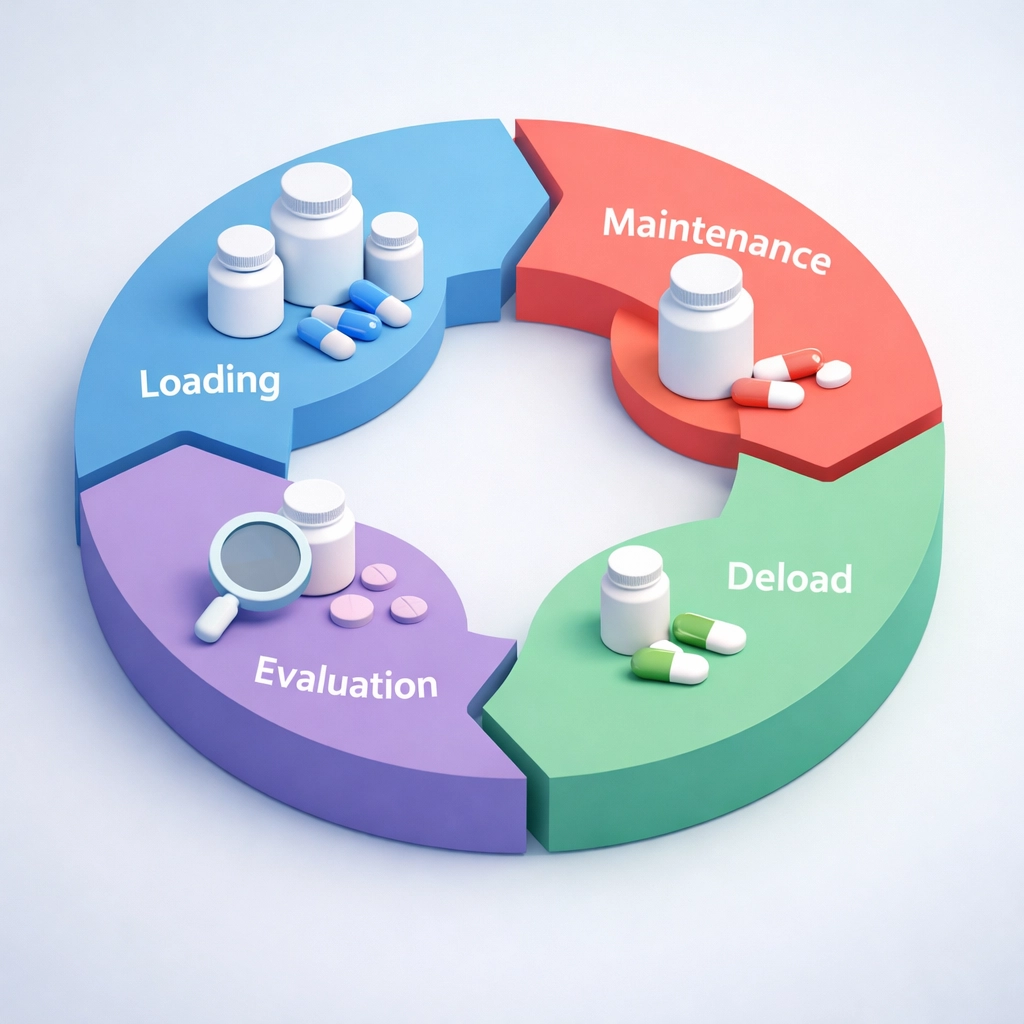 Four-phase supplement cycling framework diagram showing loading, maintenance, and deload periods