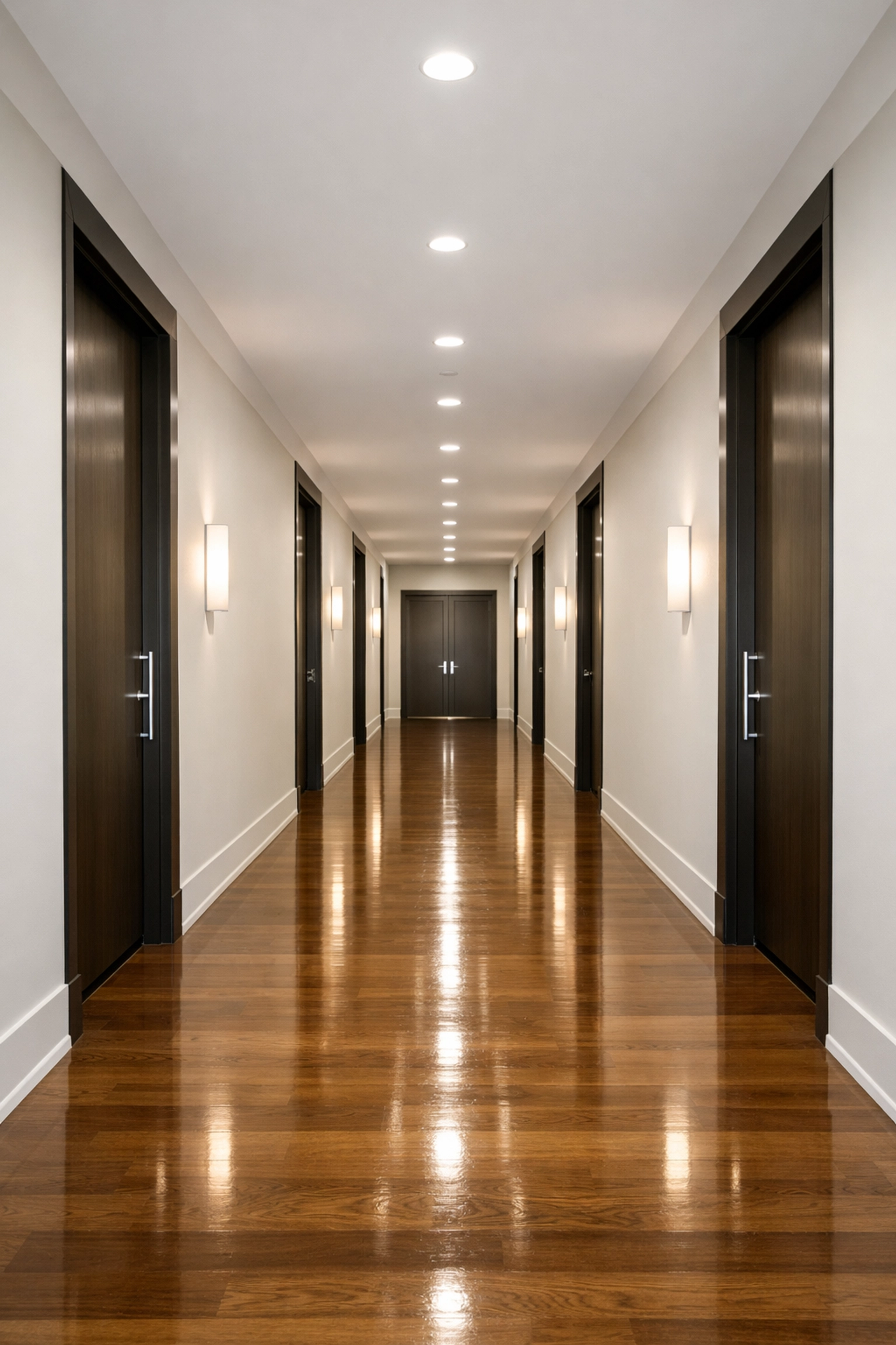 Impeccably clean luxury apartment hallway in Indianapolis with polished hardwood floors.