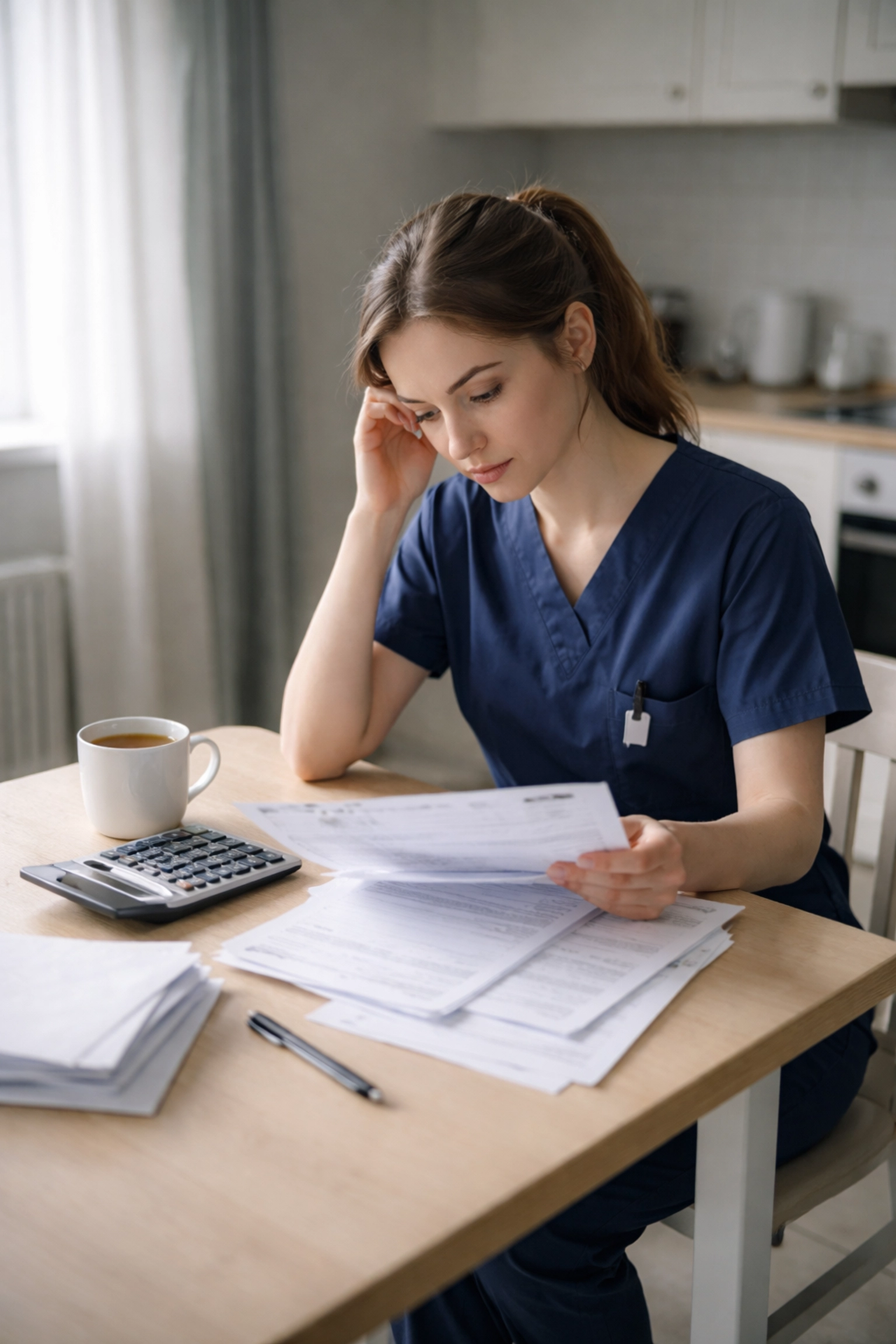 Dental nurse reviewing bills at home, highlighting GDC fee impact on UK dental nurse salary and daily finances.