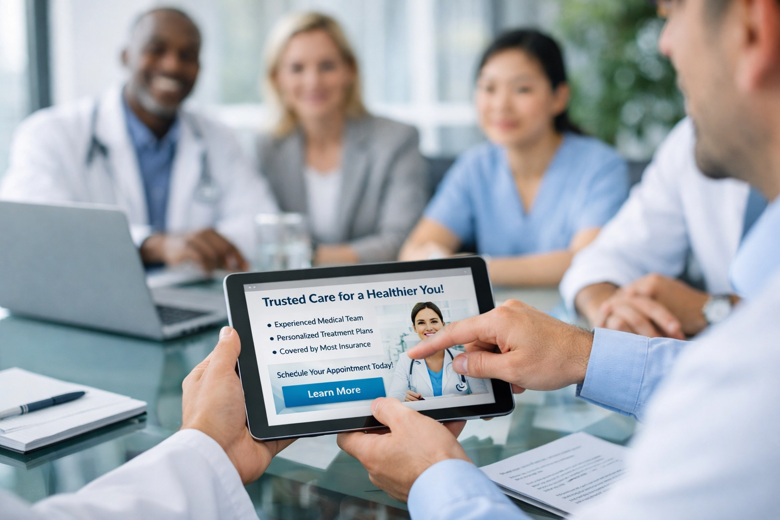 Healthcare marketing team reviewing compliant PPC advertising materials and campaign strategies