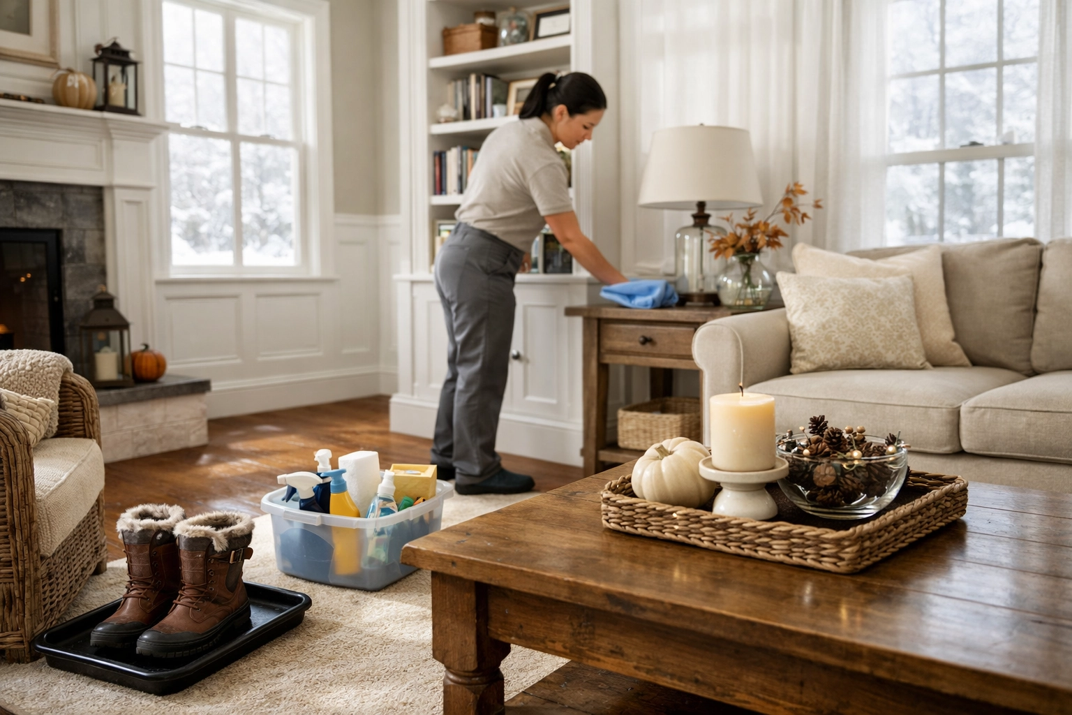 Spotless living room after professional house cleaning services near me in a luxury Wellesley estate.