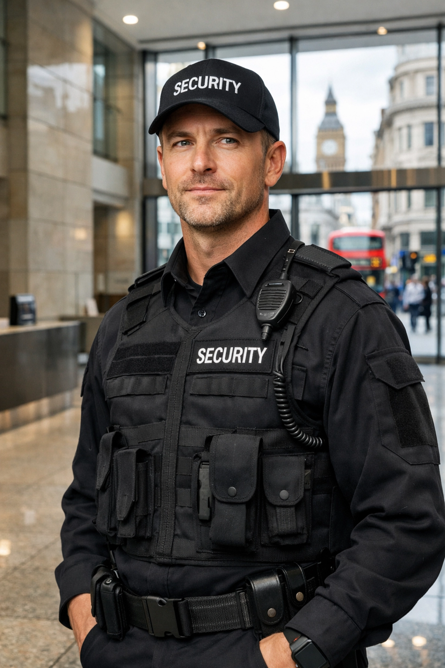 Professional security officer in a modern corporate lobby providing reliable safety and manned guarding services.