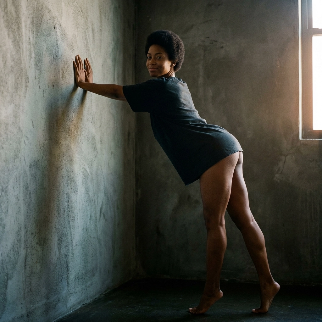 Erotic photography of a woman leaning against a wall to show leg muscle definition and back curves.