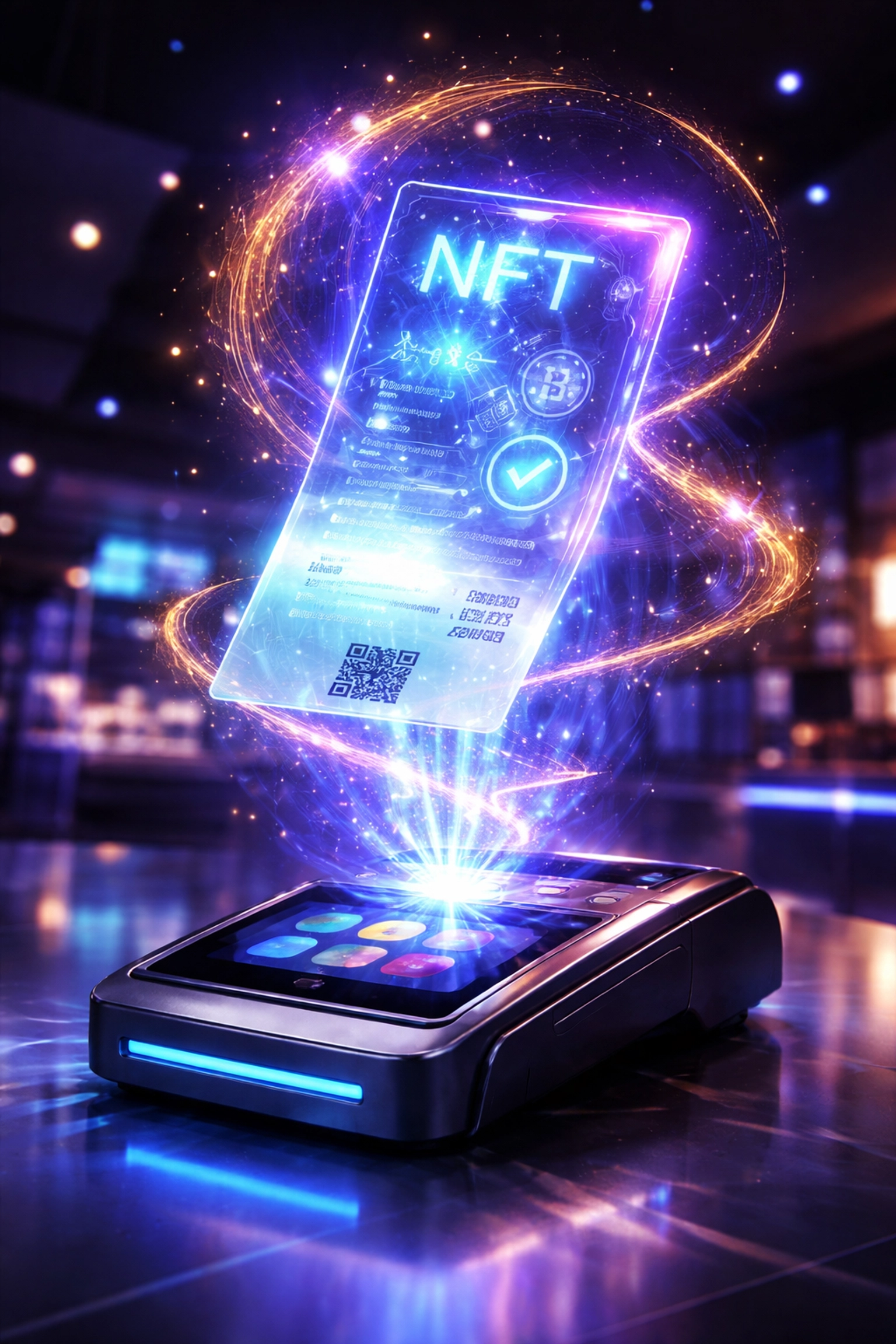 NFT receipt transforming digitally above a point-of-sale terminal, symbolizing blockchain-based customer rewards and merchant transparency.