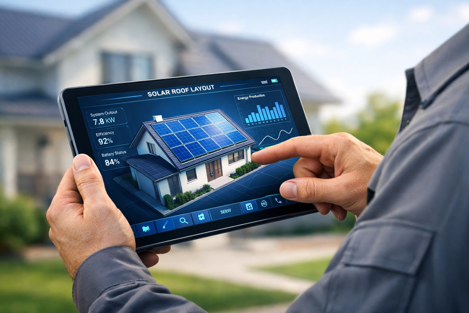 A Bournemouth solar installer using a digital tablet to plan a professional rooftop solar panel layout.