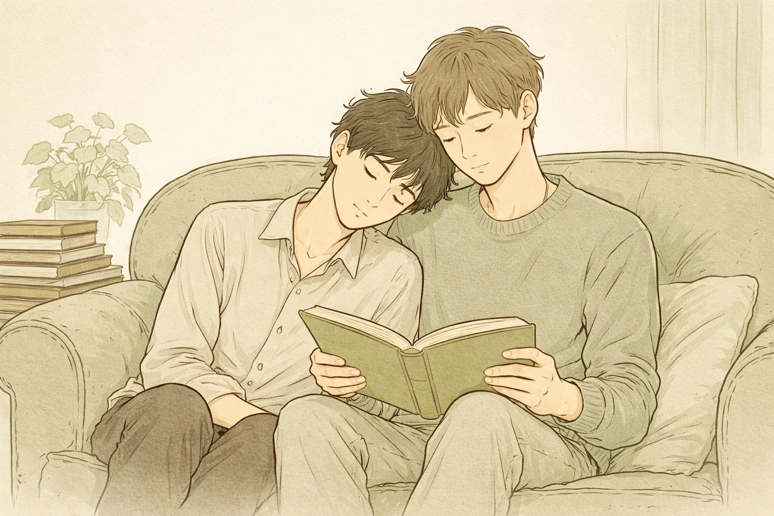 Two men sharing an intimate, quiet moment reading together on a sofa, symbolizing emotionally invested queer readers.