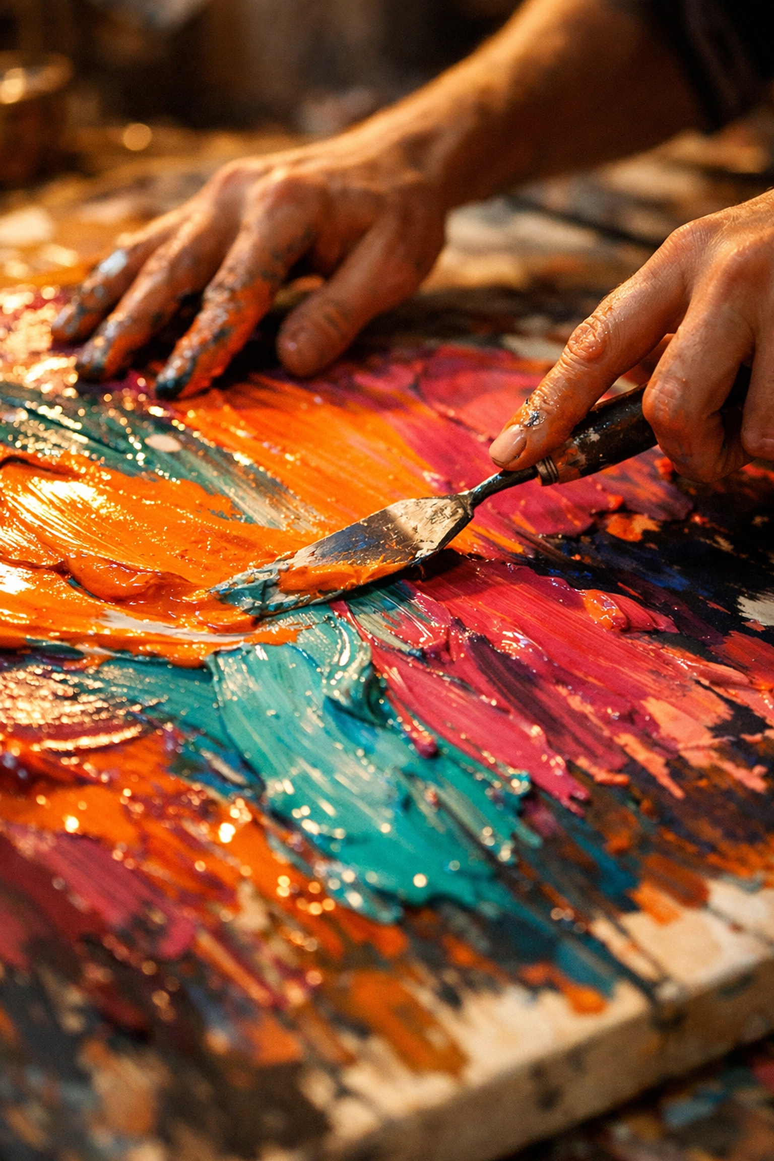 Close-up of hands painting abstractly to foster creative problem-solving and flexible thinking for teams.
