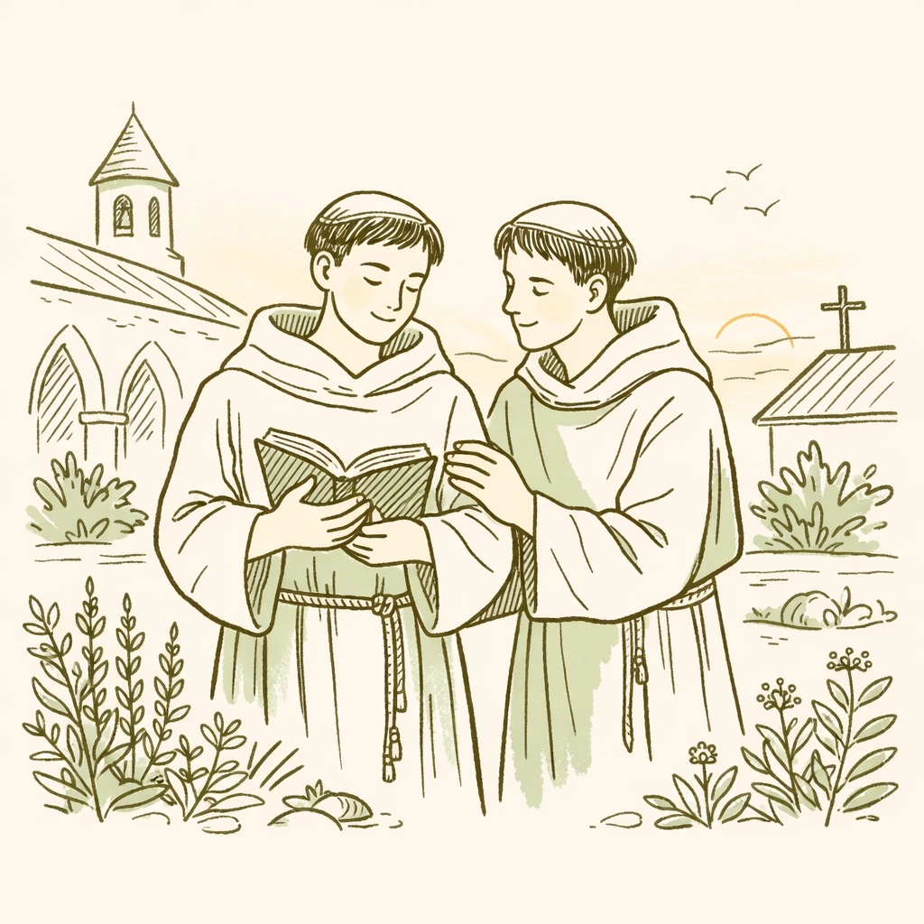 Medieval monks in monastery garden showing tender spiritual friendship in 12th century