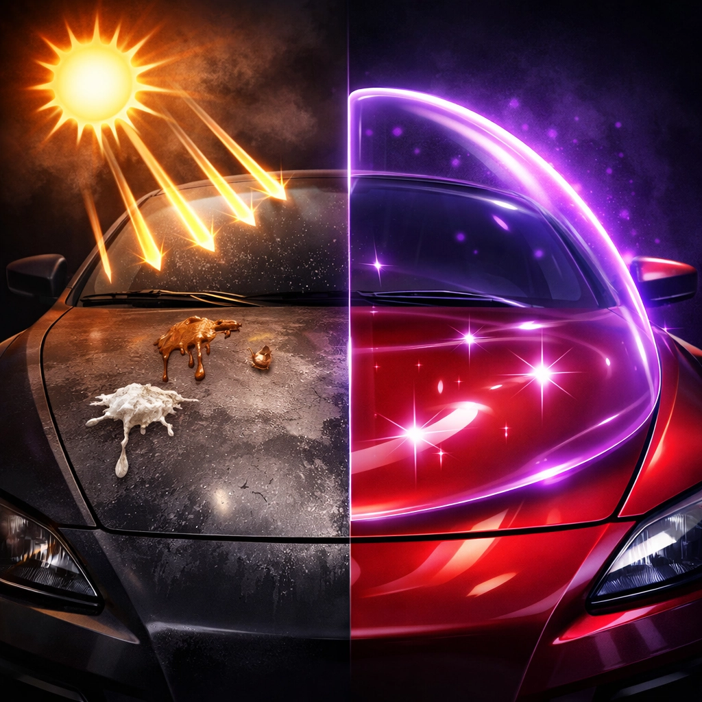 Side-by-side comparison of faded car paint versus protected ceramic-coated surface