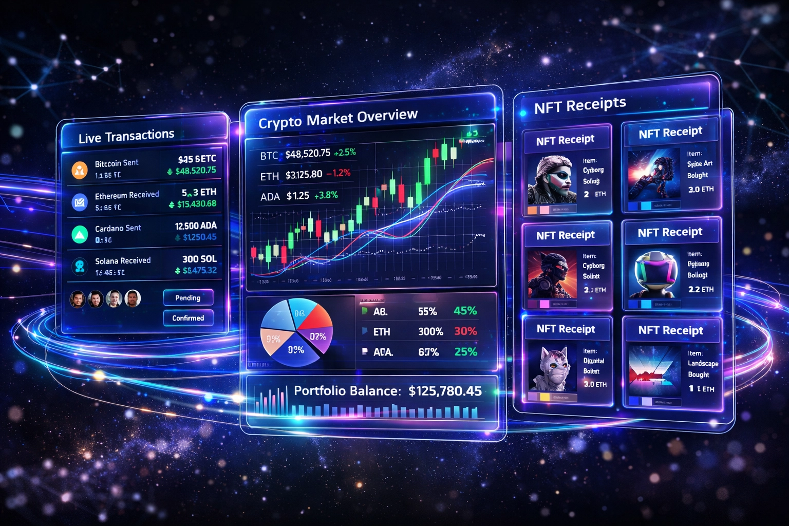 Real-time crypto payment dashboard displaying NFT receipts, transaction data, and tax liability tracking