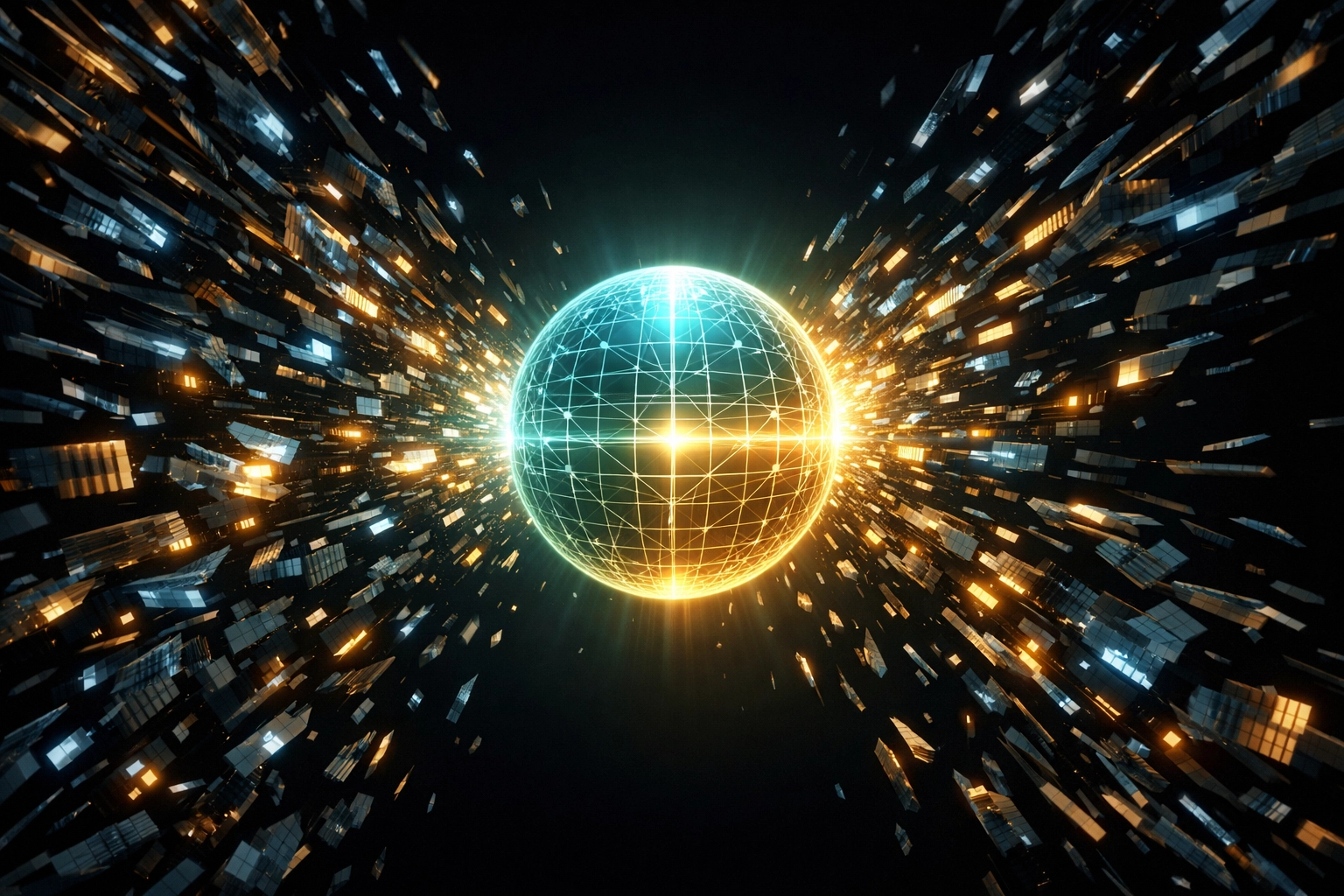 Digital data shards merging into a luminous sphere representing AI-driven lead generation data integration.